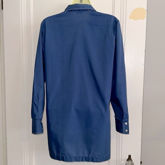 Vtg 70s Blue with White Stitching Long Tunic Polyester/Cotton Long Sleeve Shirt - Picture 6 of 9